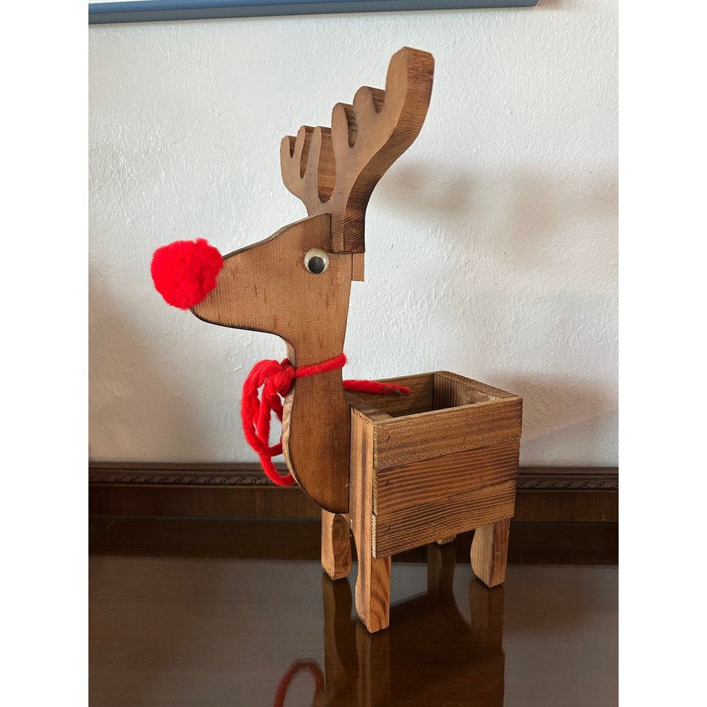 Vintage Rustic Wooden Reindeer Planter Christmas Decor Figurine 16 Inch Tall